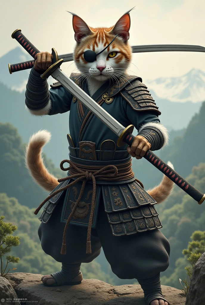 one eyed samurai cat wielding two katana ,eye patch (((only one eye))), scar on one eye