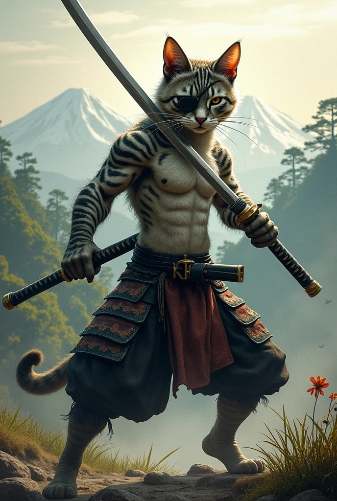 one eyed samurai cat wielding two katana ,eye patch (((only one eye))), scar on one eye
