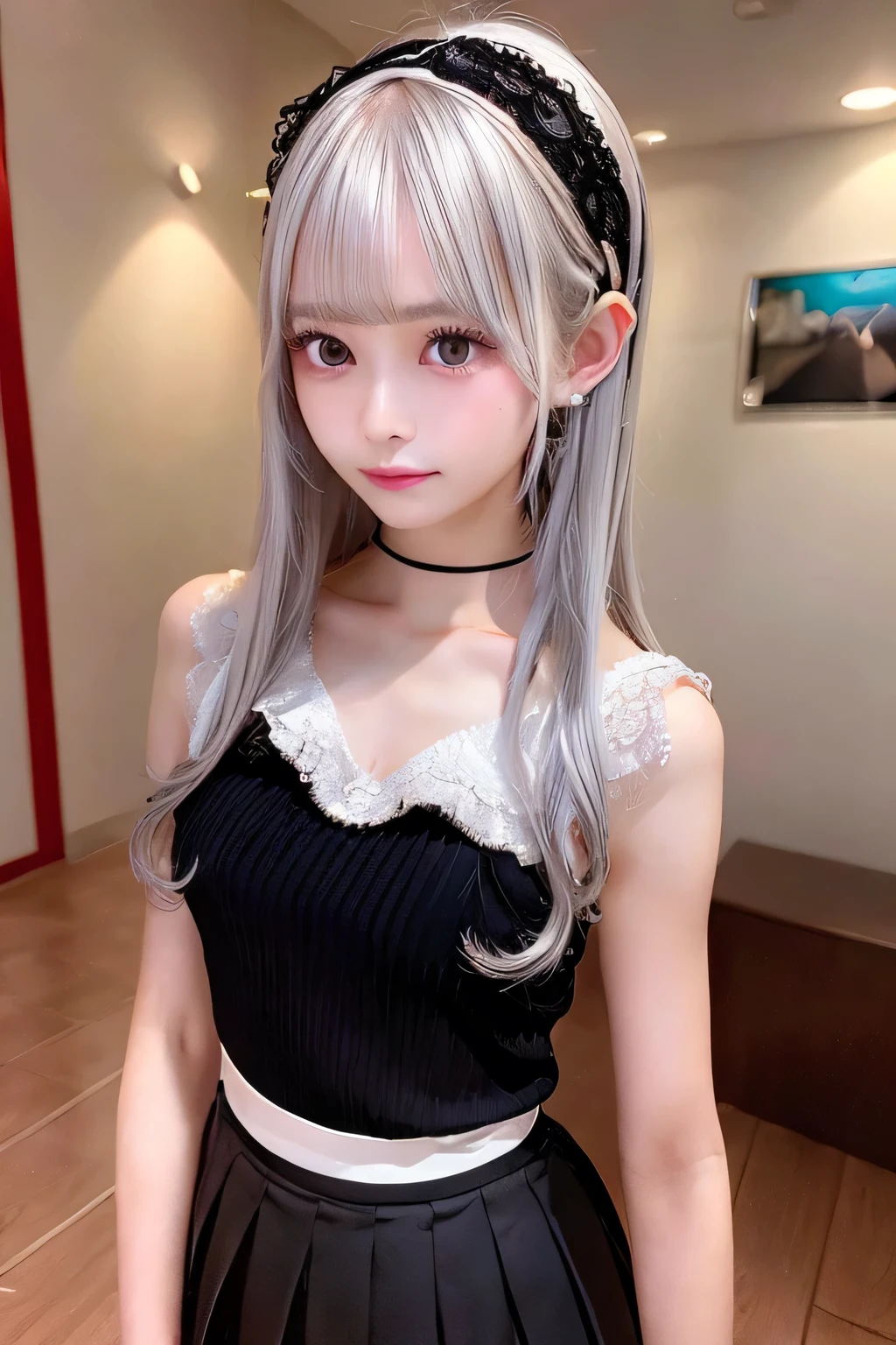 1 girl,Black pleated skirt, White blouse, , Silver Hair, silver straight hair, bionde, medium long hair, headband Lace with white ribbon, she is AYA MIYABI, 22 years old, Bishojo, looking at viewer, she is famous Japanese idol, kawaii, (mascara), eyeliner, almond eye, natural eyebrows, thin lips, Natural color lip, extremely detailed skin, fair skin, smile, cute, realistic face, slender face, beautiful skin, flat chest, clavicle, slender body, Forehead, delicate thighs, skinny legs, lean legs, Best quality, (8k, RAW photo, best quality, childish face, masterpiece:1.2), ultra-detailed, (realistic, photo realistic:1.37), high detail RAW color photo, an extremely delicate and beautiful, extremely detailed(Selfie:1.1), finely detail,