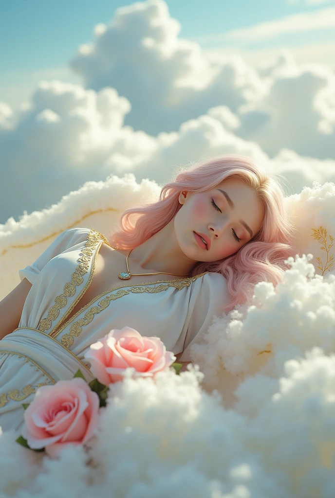 sky view image depicting a gorgeous angel laying down on a fluffy cloud. She has pale white skin, crystal blue eyes, glossy round softly open pink lips, soft pink hair. She is wearing white and gold robes. Her chest is covered by golden jewelry and pink roses. Her gaze depicts her in a daydreaming state