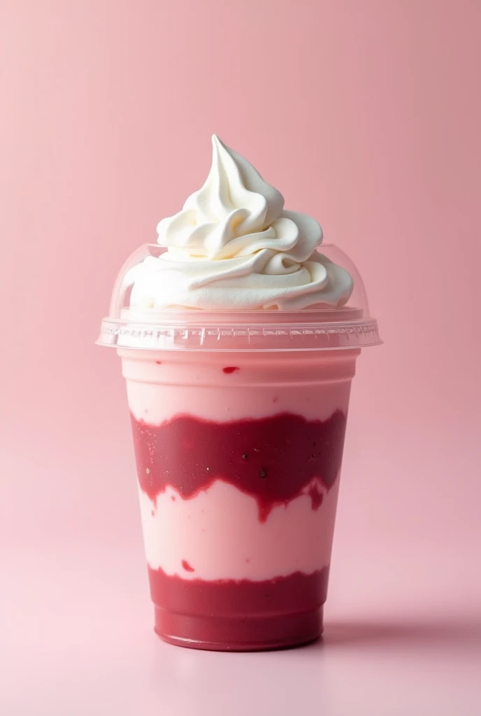A transparent plastic dessert container, with two layers of guava cream inside, the first layer pink in color, the second layer maroon in color, topped with white meringue decoration, detailed, photorealistic, 8k, high resolution, masterpiece, vibrant colors, glossy, studio lighting, elegant, delicious, appetizing
