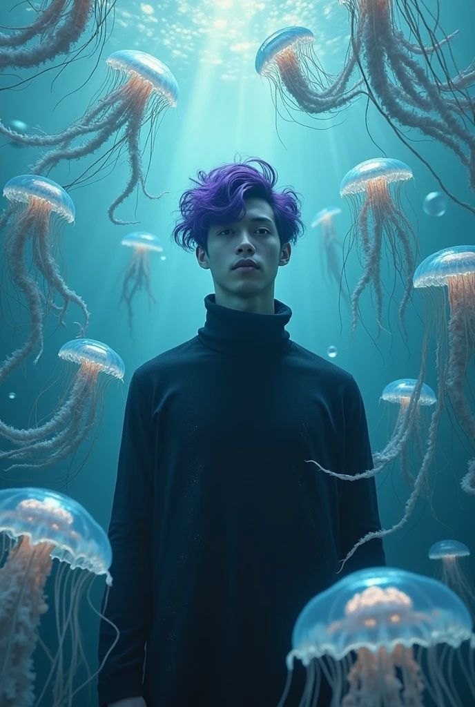 Jellyfishesh surrounding purple haired guy in underwater