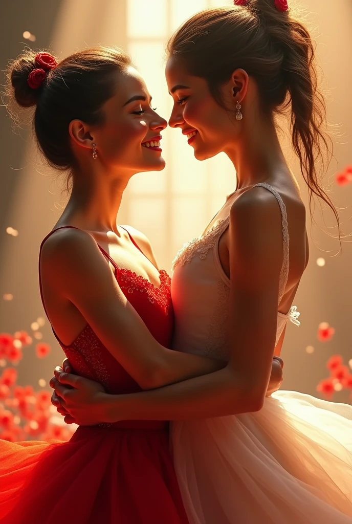 dancer in red dress smiling at the face of another dancer in white dress, They are face to face as if they were going to kiss.