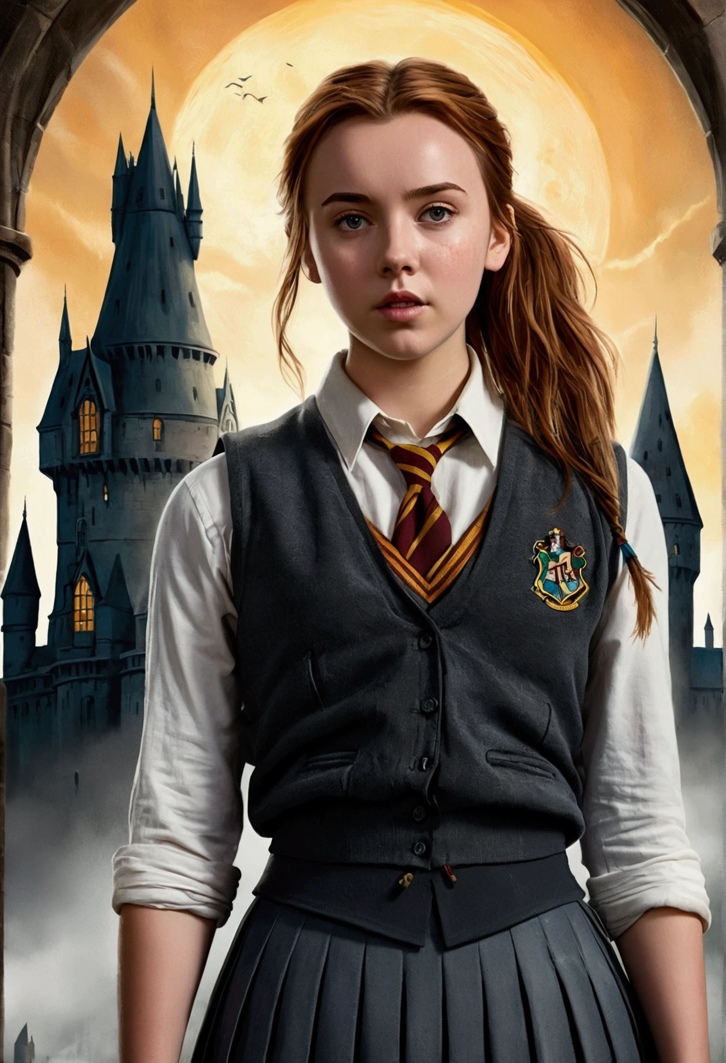 An illustrated movie poster, hand-drawn, full color, a female Hogwarts student, 18 years old, wearing a charcoal vest and a pleated skirt, athletic hourglass figure, auburn hair, messy ponytail, flushed sun-kissed complexion, freckles, resembles Jodie Comer, standing in front of Hogwarts Castle, surrounded by mist, graphite shading, stencil marks, airbrushed acrylic paint, masterpiece, in the Deathly Hallows