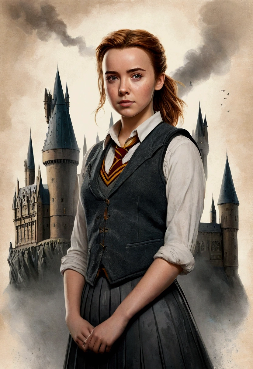 An illustrated movie poster, hand-drawn, full color, a female Hogwarts student, 18 years old, wearing a charcoal vest and a pleated skirt, tall, toned, amazonian stature, athletic hourglass figure, auburn hair, messy ponytail, flushed sun-kissed complexion, freckles, resembles Mackenzie Foy, standing in front of Hogwarts Castle, surrounded by mist, graphite shading, stencil marks, airbrushed acrylic paint, masterpiece, in the Deathly Hallows