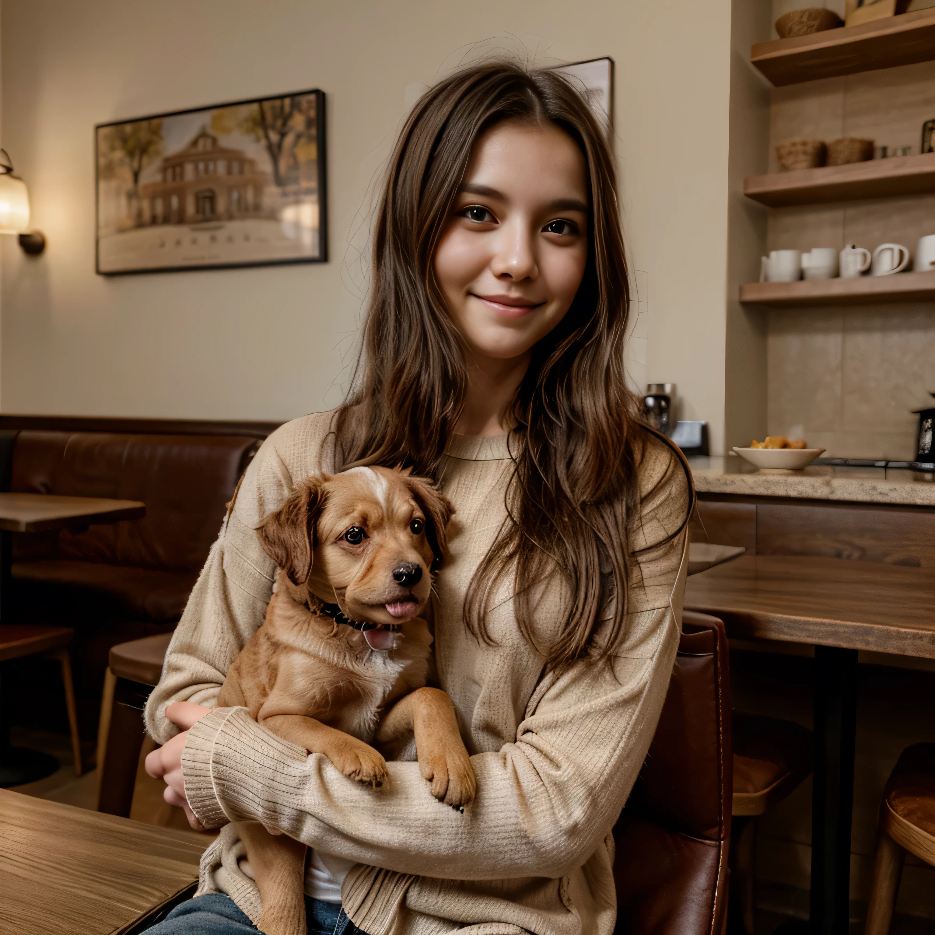 Cute black long straight hair brown eyes round face girl wearing brown sweater sitting in café drinking coffee, sunset, toothy smile without bangs, holding a poodle puppy in her arms