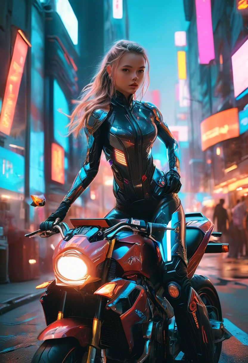 {{A breathtakingly beautiful woman racing at breakneck speed atop a high-performance motorcycle in a hyper-realistic Cyberpunk style}}, the scene illuminated by cinematic lighting that accentuates every intricate detail. This is a Cyberpunk-inspired image that captures {((the thrilling fusion of high-speed action and futuristic urban aesthetics))}. The environment/background should be {((a sprawling metropolis with towering skyscrapers and bustling streets, bathed in the neon glow of Cyberpunk technology))} to create an {((atmosphere of dynamic energy and urban sophistication))}. The image should be rendered in {((ultra-realistic and meticulously detailed))} style, drawing from {((the gritty and lifelike aesthetics of Cyberpunk-themed media))}. The medium shot, captured with a {((medium telephoto))} lens, will provide a {((sense of velocity and realism))}. The lighting should be {((cinematic and dramatic))}, casting {((striking shadows and highlights that enhance the realism and depth of the scene))}. The desired level of detail is {((exquisitely intricate and visually captivating))} with a {((high-definition))} resolution, showcasing {((the realistic textures of the woman's attire, the intricate design of the racing motorcycle, and the urban landscape))}. The goal is to create a {((visually stunning and emotionally engaging))} image that immerses viewers in {((the adrenaline-fueled world of Cyberpunk racing))}.