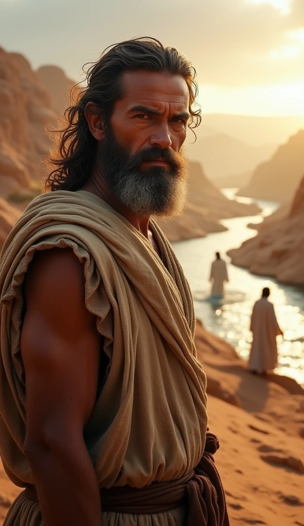 Here is the hyper-realistic 8k cover image capturing John the Baptist as a powerful symbol of faith and courage, set in a desert with the Jordan River in the background and the divine scene of Jesus' baptism. The dramatic and luminous colors emphasize the awe surrounding his figure.