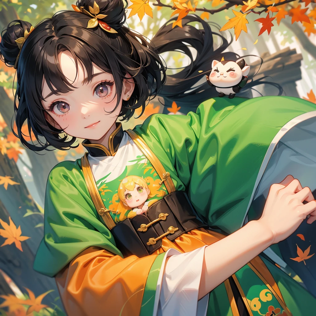 A chibi child girl had a small face and Wearing green little Taoist priest's outfit. A pair of big round eyes shone with curiosity about him. This child was so cute, The backdrop is a mountain that turns orange-red in spring, and maple leaves fall from the trees.
her hair is black with two buns on her hair.small chibi, chibi baby, smiling ,Chibi.