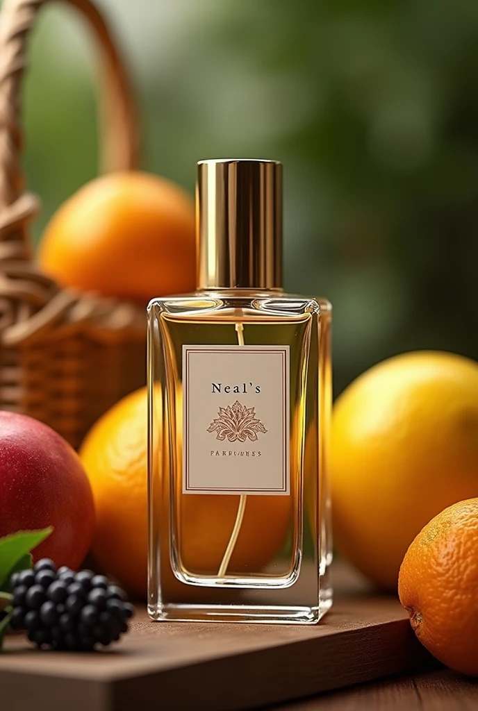 Square clear glass perfume bottle with logo Neal's Perfumes and cylindrical golden cap . The background is fruit basket