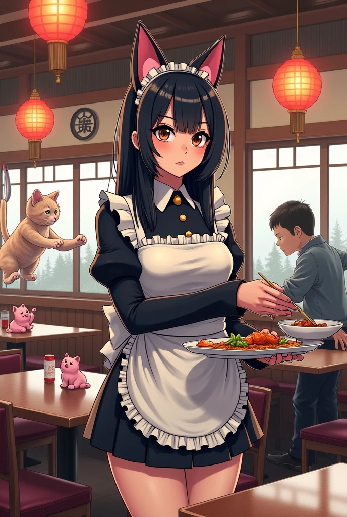 Homelander from the boys in a maid outfit, cat ears and short skirt serving food in a Japanese restaurant with Fernando el crack Dancing caporal and stan from gravity fall jumping from a table with pink kittens in hand with eva rubber weapons