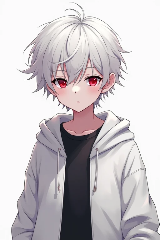 An anime character with short white hair, red eyes, and wearing a white hoodie over a black shirt.