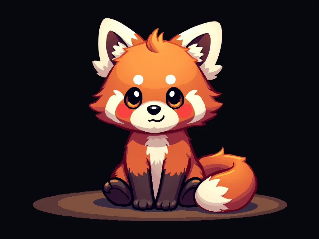 Pixel art, 16-bit style, 256x256, limited color palette, cute, small, red panda, far away, sitting pose, looking directly at the viewer, playful expression, fluffy tail curled around its body, big ears, dark brown eyes, black nose, black background. (Generate a 16-bit style pixel art image of a cute, small red panda sitting in a playful pose. The red panda should be far away, giving the impression of being in the distance. It should be looking directly at the viewer with a playful expression. Its fluffy tail should be curled around its body. The red panda should have big ears, dark brown eyes, and a black nose. The image should be 256x256 pixels and use a limited color palette. The background should be completely black.)