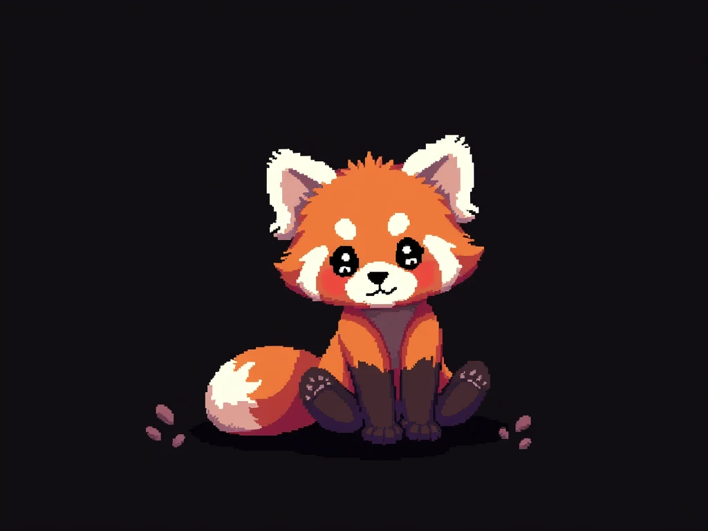 Pixel art, 16-bit style, 256x256, limited color palette, cute, small, red panda, far away, sitting pose, looking directly at the viewer, playful expression, fluffy tail curled around its body, big ears, dark brown eyes, black nose, black background. (Generate a 16-bit style pixel art image of a cute, small red panda sitting in a playful pose. The red panda should be far away, giving the impression of being in the distance. It should be looking directly at the viewer with a playful expression. Its fluffy tail should be curled around its body. The red panda should have big ears, dark brown eyes, and a black nose. The image should be 256x256 pixels and use a limited color palette. The background should be completely black.)