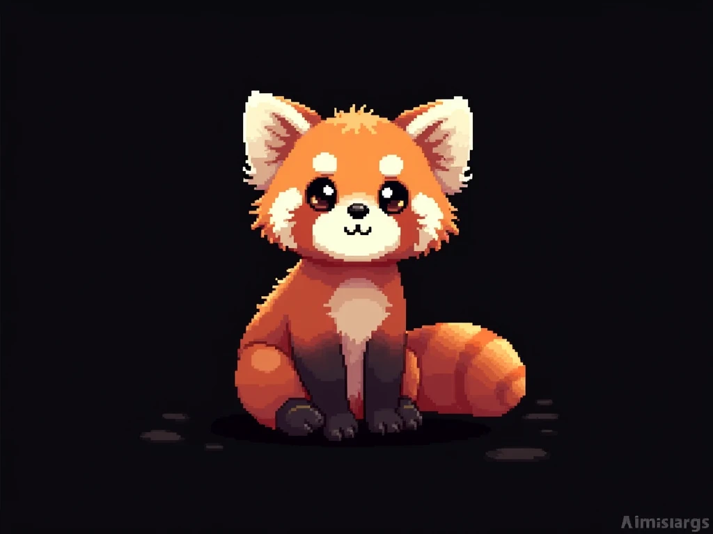 Pixel art, 16-bit style, 256x256, limited color palette, cute, small, red panda, far away, sitting pose, looking directly at the viewer, playful expression, fluffy tail curled around its body, big ears, dark brown eyes, black nose, black background. (Generate a 16-bit style pixel art image of a cute, small red panda sitting in a playful pose. The red panda should be far away, giving the impression of being in the distance. It should be looking directly at the viewer with a playful expression. Its fluffy tail should be curled around its body. The red panda should have big ears, dark brown eyes, and a black nose. The image should be 256x256 pixels and use a limited color palette. The background should be completely black.)