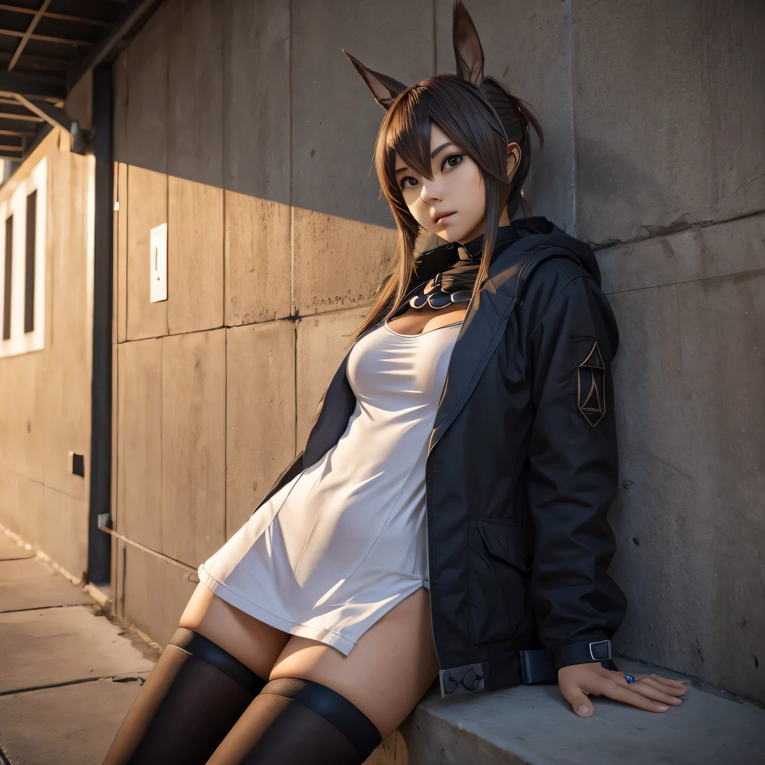 Amiya arknights, cosplay, small round breasts, leaning on wall.