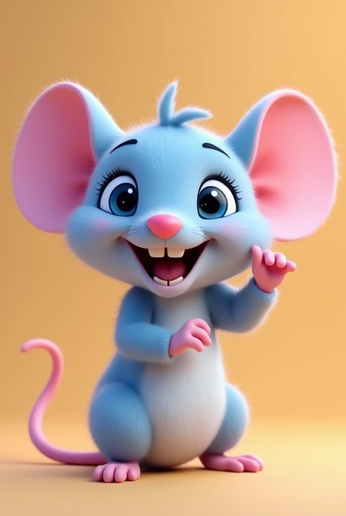 A charming 3D animated scene featuring a small light blue mouse with pink details on its nose and the inside of its large, round ears. The mouse has a joyful and friendly expression, smiling widely to reveal its tiny teeth. Its big, round, and vibrant blue eyes are filled with life, adding to its adorable appearance. The mouse’s large ears enhance its cuteness, and it’s raising one of its tiny paws as if waving hello. Its pink tail curls slightly upward, completing its endearing look. The scene is vibrant, with a focus on the mouse’s cheerful and welcoming pose. Pixar-Disney style, DIGITAL ART.
