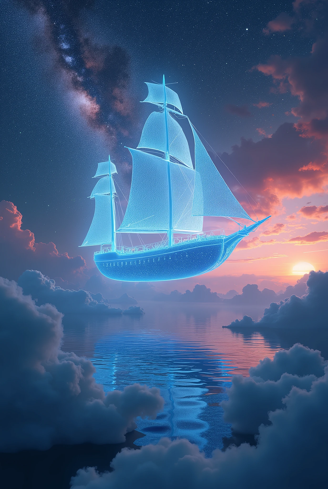 a realistic photo of a vivid transparent ghost ship flying to the middle of a starry sky, celestial, sky of colorful stars, fantasy theme, ship riding on the cloud, ship appear from the sky, cinematic lighting, vibrant lighting, dramatic atmosphere, highly detailed, 8k, photorealistic, intricate details, 1 ship, night sky, dramatic lighting, dramatic clouds, stars shining brightly, milky way galaxy in background, realistic water reflections, dramatic lighting and shadows, dramatic composition, beautiful colors and tones