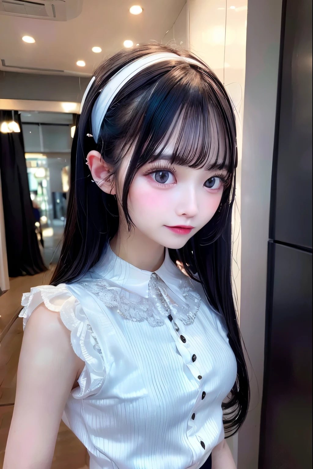 1 girl,Black pleated skirt, White blouse, , Silver Hair, silver straight hair, bionde, medium long hair, headband Lace with white ribbon, she is AYA MIYABI, 22 years old, Bishojo, looking at viewer, she is famous Japanese idol, kawaii, (mascara), eyeliner, almond eye, natural eyebrows, thin lips, Natural color lip, extremely detailed skin, fair skin, smile, cute, realistic face, slender face, beautiful skin, flat chest, clavicle, slender body, Forehead, delicate thighs, skinny legs, lean legs, Best quality, (8k, RAW photo, best quality, childish face, masterpiece:1.2), ultra-detailed, (realistic, photo realistic:1.37), high detail RAW color photo, an extremely delicate and beautiful, extremely detailed(Selfie:1.1), finely detail,