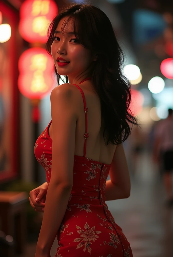 woman,20-year-old,,city,night,(((China dress))),,open mouth smile(),(()),((black hair)),blush、,((())),((turn around and look back))(wet with sweat)Reflecting the buttocks
