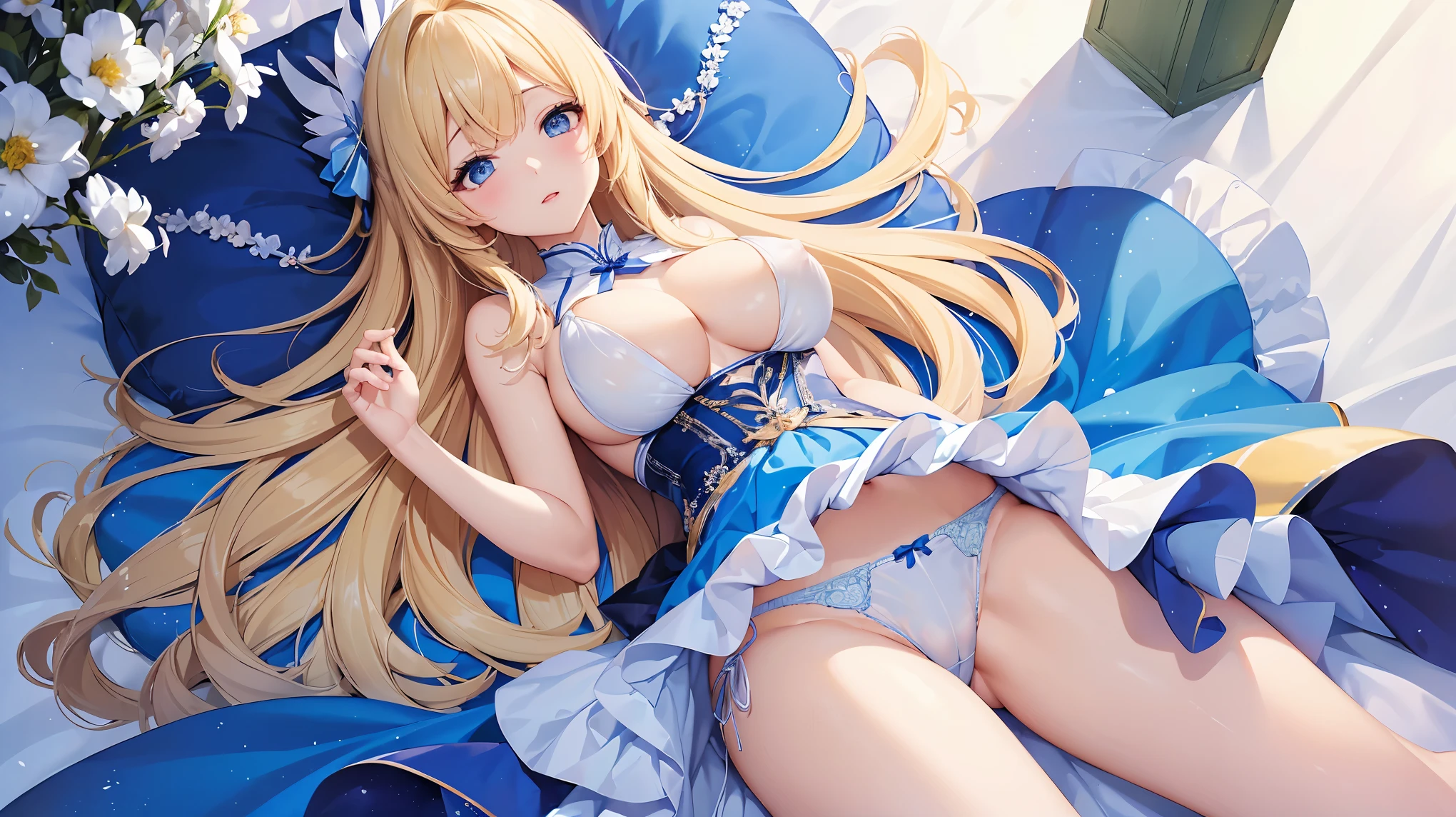 ((Highest quality、High resolution))、Beautiful woman、Perfect body、Beautiful and bountiful breasts、(tits)、long blond、bangs、Blue and white、Embellished blue sexy dress、skirt、(((Showing panties、I'm tempting you、A woman opening her legs and inviting sex)))、Outdoor Scenery