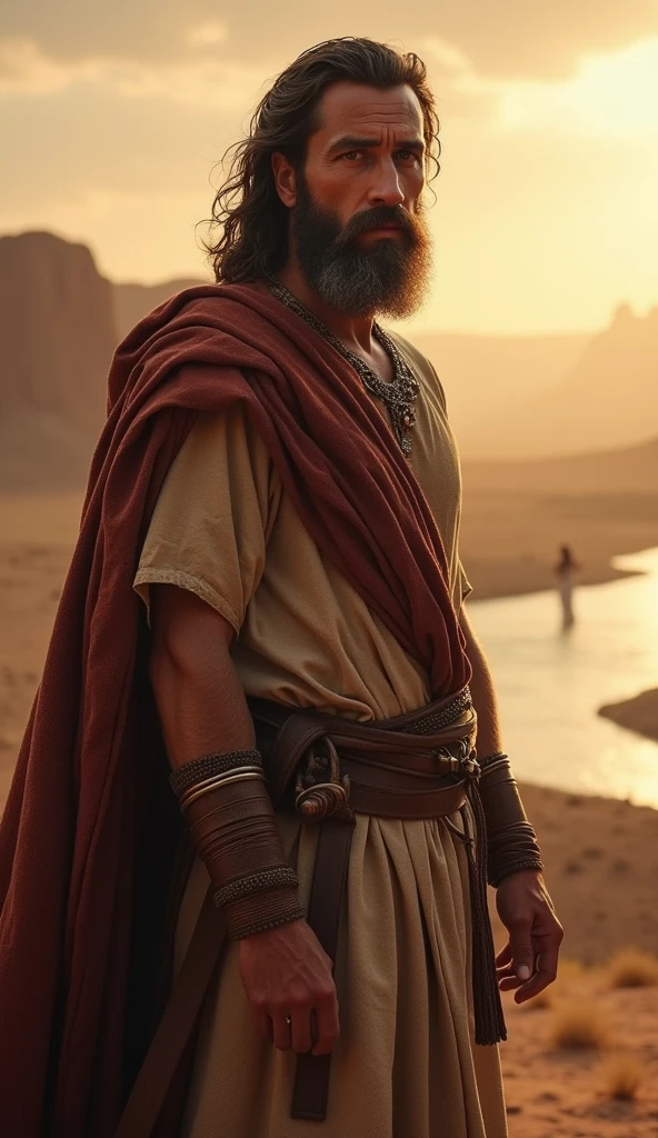 Here is the hyper-realistic 8k cover image capturing John the Baptist as a powerful symbol of faith and courage, set in a desert with the Jordan River in the background and the divine scene of Jesus' baptism. The dramatic and luminous colors emphasize the awe surrounding his figure.