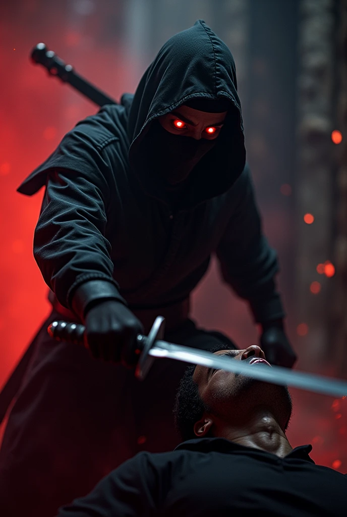 ninja who is cutting someone ninja neck, red light eyes