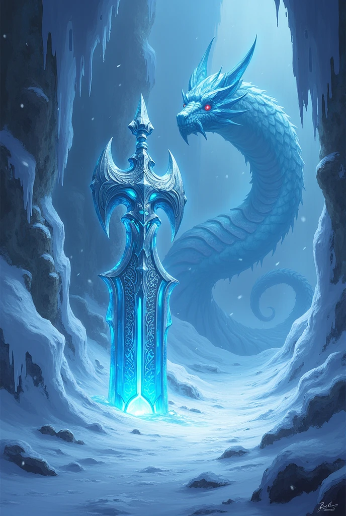 A Cryo Claymore, entrance of a frozen Dragonspine dungeon, icy claymore.  a massive ice  white serpent with glowing blue eyes in the background. The background features jagged ice formations and a stormy, snow-filled sky. Cold blue light highlights, with glowing Cryo crystals adding a magical effect. genshin style, splash art, white background, cryo, art.