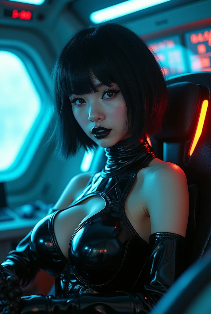 Gundam Wing Cockpit, Futuristic, sf, Plug Suit, Transparent latex, Goth, Black Lips, Large Breasts, alone, Short Bob、Fluffy Pama, gloves, Gothic PXL, Dutch Angle, Grin, Control, Joystick, Holographic interface, technology, close, Shine, neon