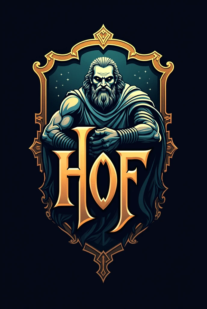 I want a logo for my gaming clan, that refers to a hall of fame that says hall of fame in English, can lead to Gods of Greek mythology, The logo must have the initials “HOF” don’t forget that it’s important, The previous logo you made me was very realistic, I want it to be for my gaming clan, that is not very realistic and that leads to some god Zeus Odin or Thor, that refers to a hall of fame