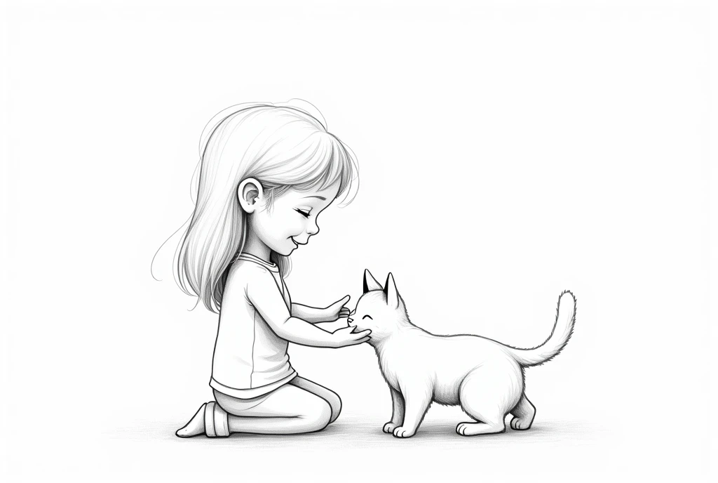 One continuous line drawing of a 6 years old girl playing with a cat