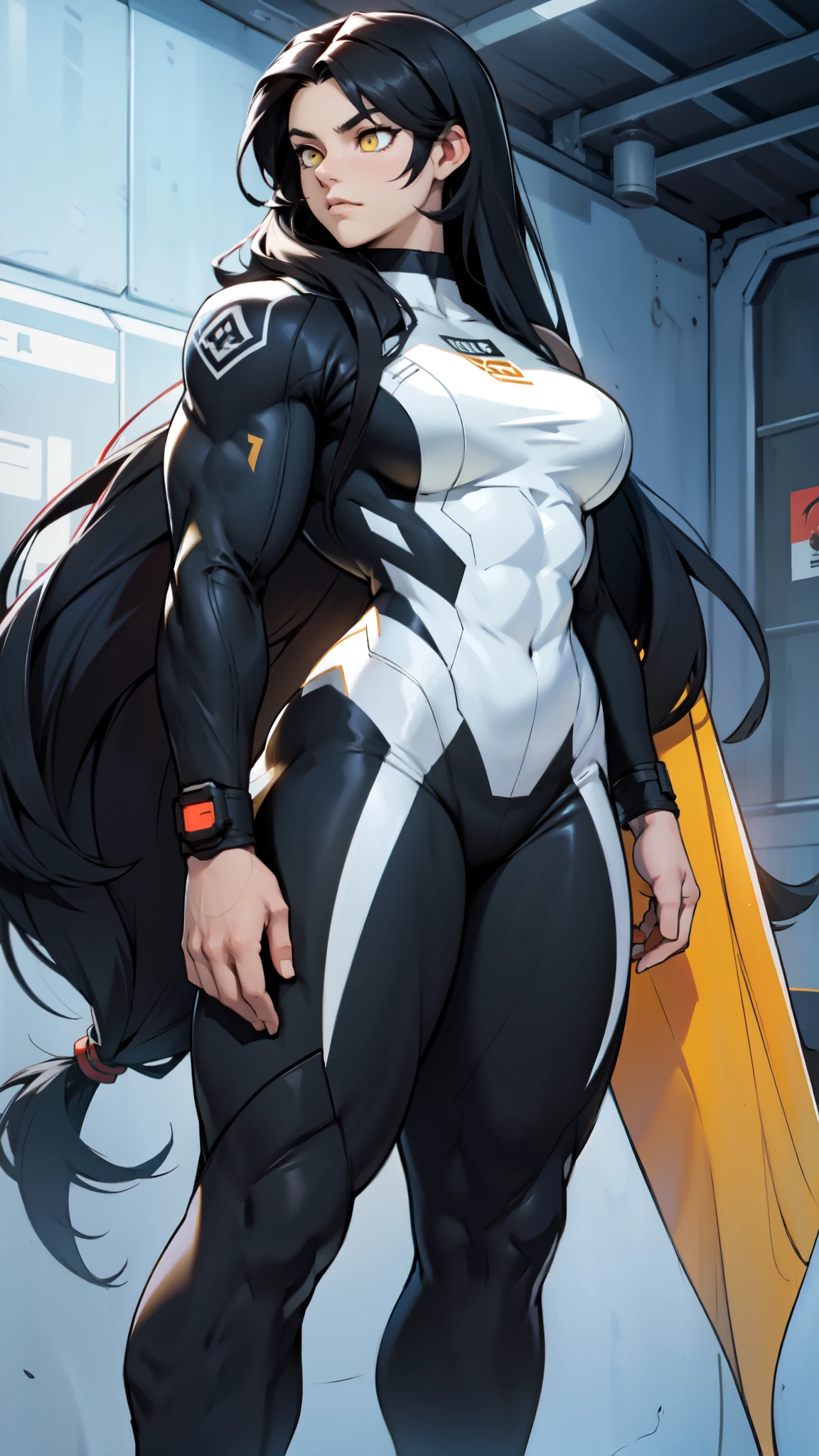   An athletic and dazzling woman  ,   Normal breasts, Alone,     white skin  ,  red eyes art,   long black hair  ,   wearing tight clothing , wearing a swimsuit,  military armor with the colors white, black and gold, superhero style  , standing, action pose, space uniform, wearing a swimsuit,   Uniform tight to the body  , without accessories,   full body , sleeveless clothing 