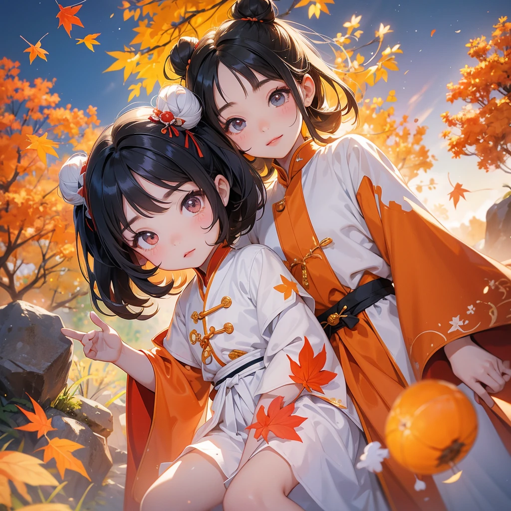 A chibi child girl had a small face and Wearing black little Taoist priest's outfit. A pair of big round eyes shone with curiosity about him. This child was so cute, The backdrop is a mountain that turns orange-red in spring, and maple leaves fall from the trees.
her hair is black with two buns on her hair.small chibi, chibi baby, smiling ,Chibi.