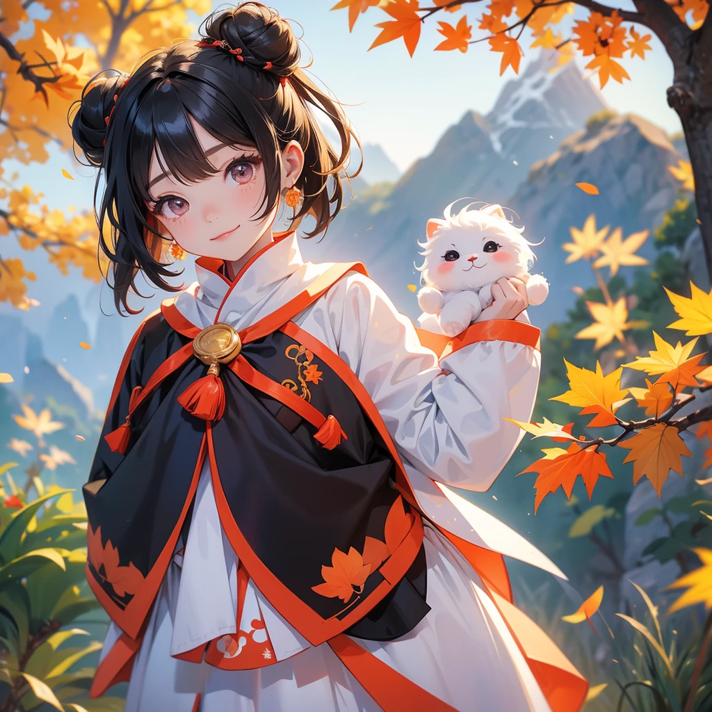 A chibi  girl had a small face and Wearing white little Taoist priest's outfit. A pair of big round eyes shone with curiosity about him. This childso cute, The backdrop is a mountain that turns orange-red in spring, and maple leaves fall from the trees.


her hair is black with two buns on her hair.small chibibi baby, smiling ,i.

