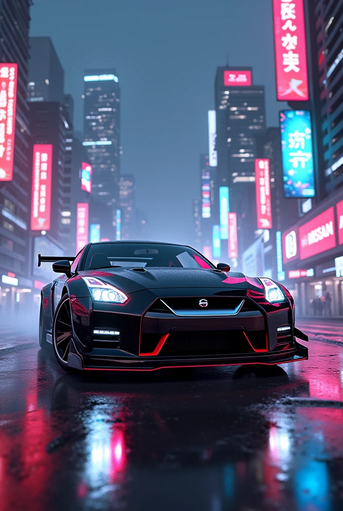 A Nissan GTR in cyber punk city with neon lights