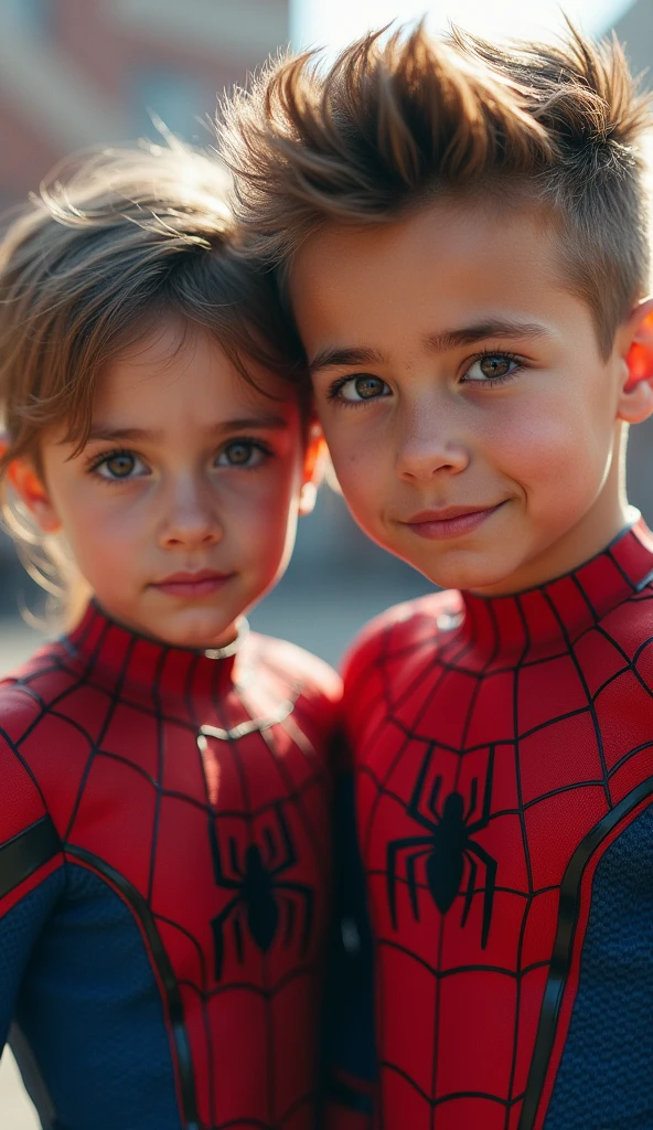 2 cute little superheroes as spiderman and wolverine do not wear mask, and 8 years oldmera, look at the camera, extremely detailed portrait, beautiful detailed eyes, beautiful detailed lips, extremely detailed facial features, detailed superhero costume, superhero poses, dynamic action, vibrant colors, cinematic lighting, epic fantasy, digital art, 8k, high resolution, hyper detailed, photorealistic