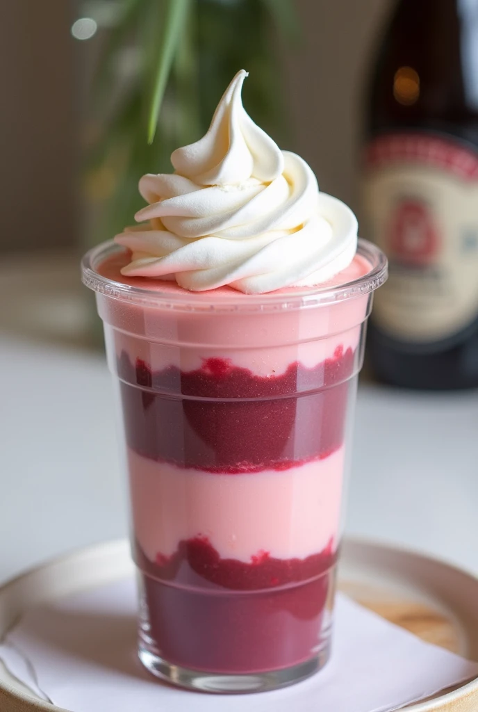 Clear plastic dessert container, It has two levels of guava cream inside., first layer is pink, second layer of burgundy color and white meringue decoration.