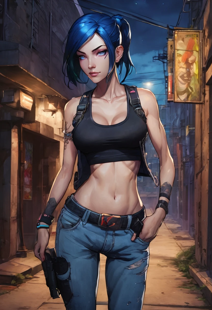 (good quality), (many details), (masterpiece), A close-up of a person in jeans and a tank top, portrait of Jinx from Arcana, dark blue hair, powerful, athletic, serious melancholic face, small breasts, black band on upper arms, strong, in an alley at night, realistic