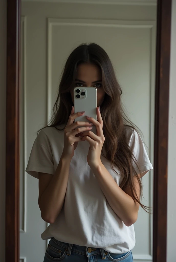 Woman taking a selfie in the mirror、Long Hair，The iPhone 12 Pro hides his entire face、I can&#39;t see your face、Beautiful woman、Full Body Shot、Wearing a t-shirt
