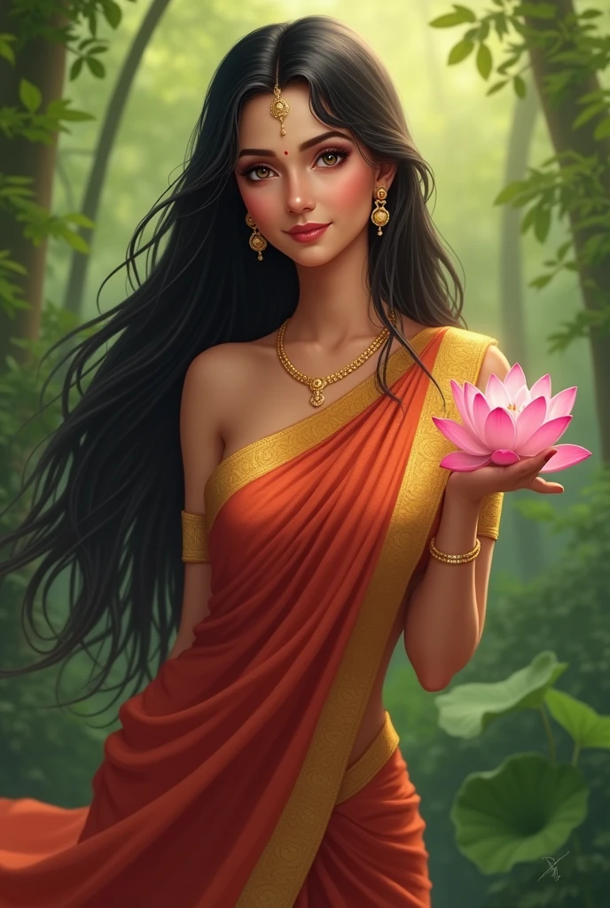 Depict Goddess Sita with a serene and gentle expression, symbolizing purity and devotion. She has long, flowing dark hair, styled neatly, and large expressive eyes that convey her inner strength and compassion. Sita is dressed in a traditional Indian saree, predominantly in shades of red and gold, symbolizing her royal lineage and auspiciousness. The saree is elegantly draped, with intricate embroidery along the borders.,minimal jewellery,lotus in one hand,natural lush greenery background