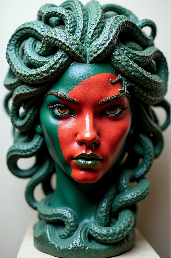 Medusas face sculpture with the face painted as bangladeshi flag
