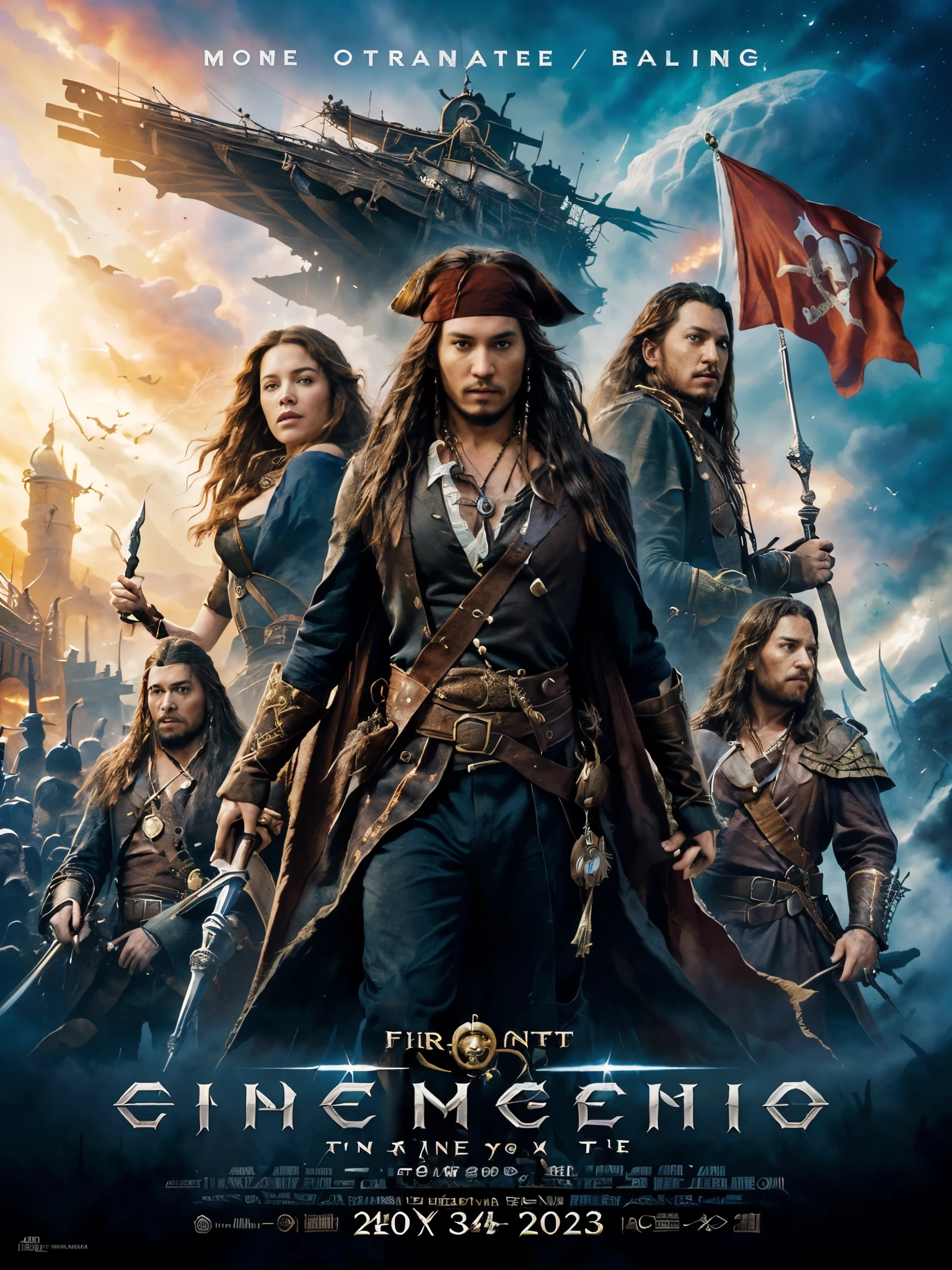 a poster for the movie's first trailer, the movie's first trailer, and the first trailer, key art, movie artwork, fantasy movie poster, full poster, movie promotional art, pirates of the carribean, fantasy movie, official poster artwork, bestselling movie poster, poster shot, an epic fantasy, official poster, movie poster, movie promotional image, captain, pirates