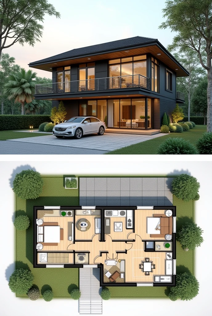a house with 90 square meters with stairs inside 2 floors, a living room and dining room with 3 bathrooms