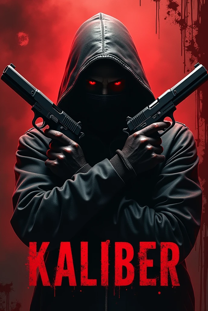 Black hooded man, red eyes, bloody background, holding two guns with word “kaliber” in large text below it, hyper realism, logo