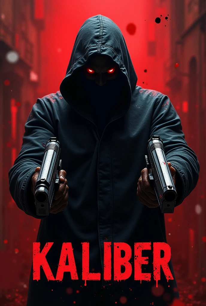 Black hooded man, red eyes, bloody background, holding two guns with word “kaliber” in large text below it, hyper realism, logo
