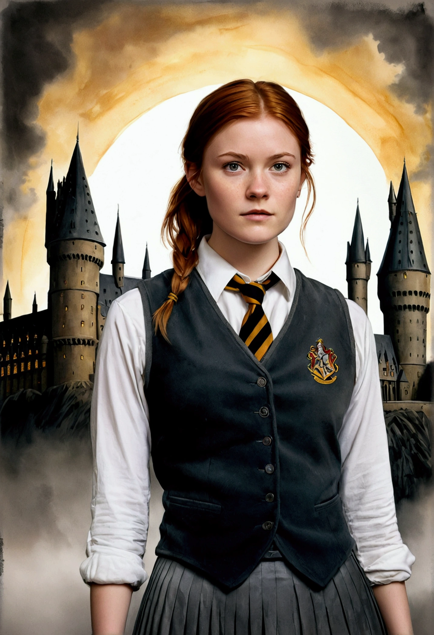 An illustrated movie poster, hand-drawn, full color, a female Hogwarts student, 18 years old, wearing a charcoal vest and a pleated skirt, athletic hourglass figure, auburn hair, messy ponytail, flushed sun-kissed complexion, freckles, resembles Kirste 
Dunst , standing in front of Hogwarts Castle, surrounded by mist, graphite shading, stencil marks, airbrushed acrylic paint, masterpiece, in the Deathly Hallows