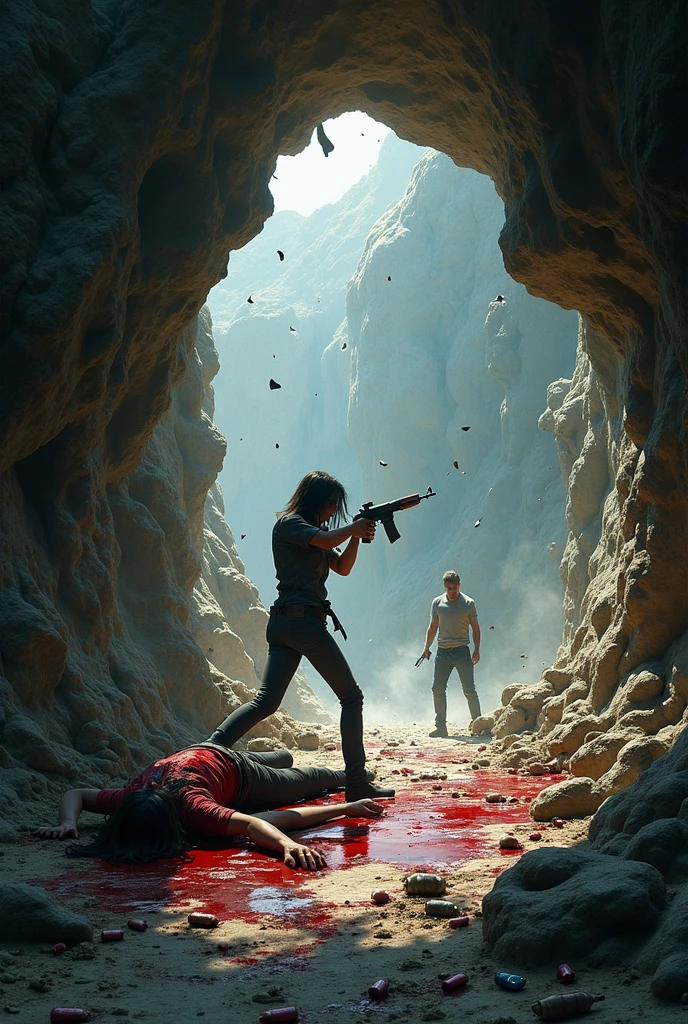 Tunnel entrance, lots of bullets in the air and on the ground with a bloody man and woman scattered around the cave