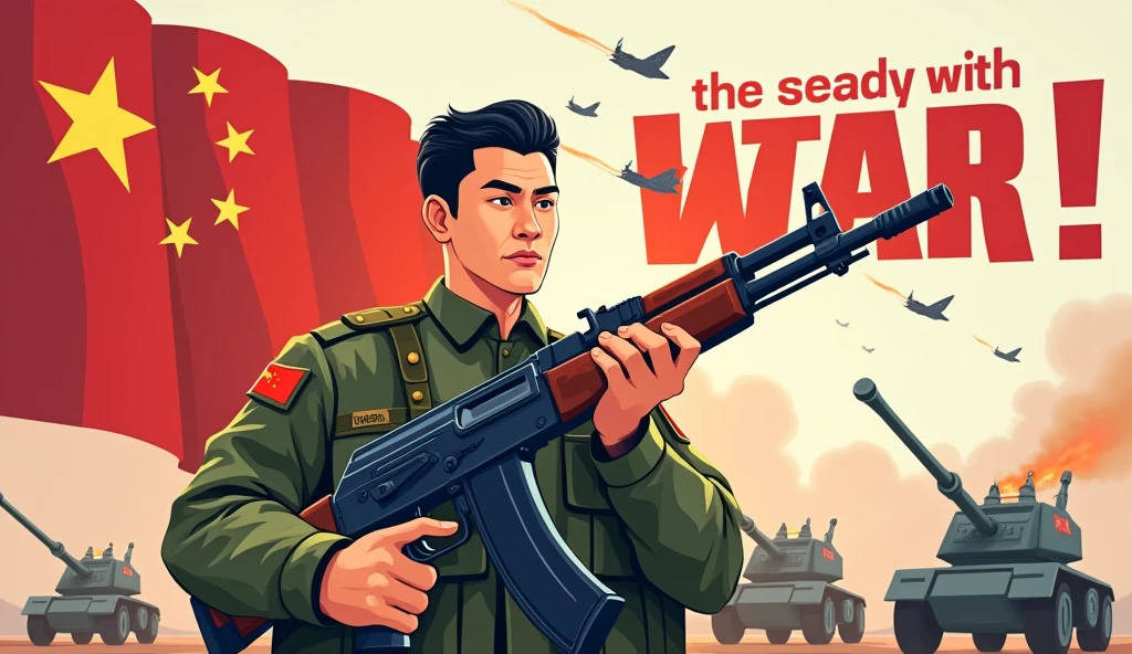 (The background is transparent)(There is a complete,The map is red,On the left is the five-star red flag) (Cartoon image of a Chinese man in camouflage uniform holding an AK47 submachine gun)(There is a sentence on the screen"If there is a war,Must return when summoned!",The font must be strong and powerful)(The whole picture looks very loving.)(The whole picture has high-tech content,Behind are all high-tech aircraft and cannons,Very exaggerated)