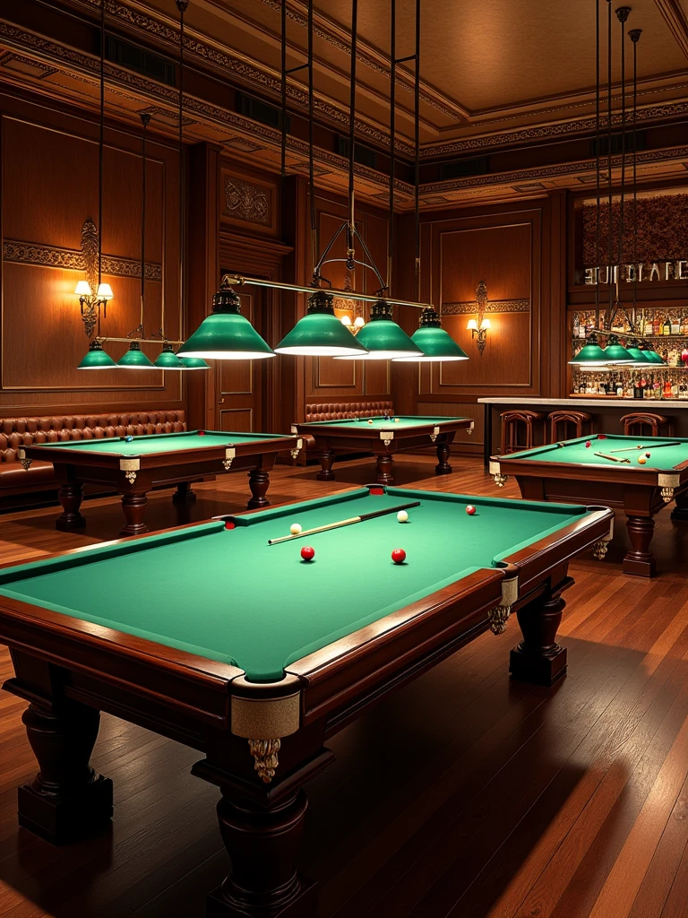 A billiard club having 5 billiard tables  and beautiful cafe bar inside, beautiful interior of hall