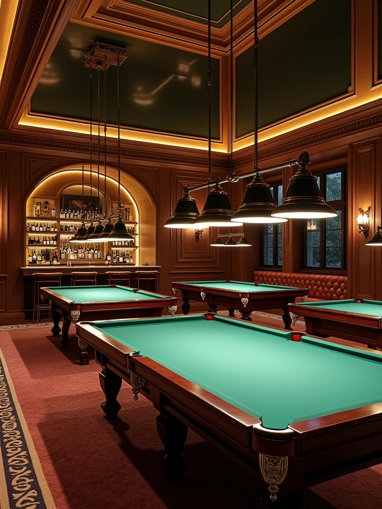 A billiard club having 5 billiard tables and beautiful cafe bar inside, beautiful interior of hall